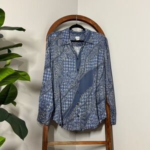 Chico's 16/18 Blue 100% Modal Sand Washed Satin Mixed Print Shirt